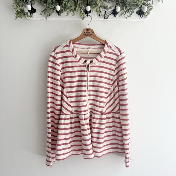 Free People Sweaters - Free People Red and White Striped Full Zip Long Sleeves Jacket Size Large O514